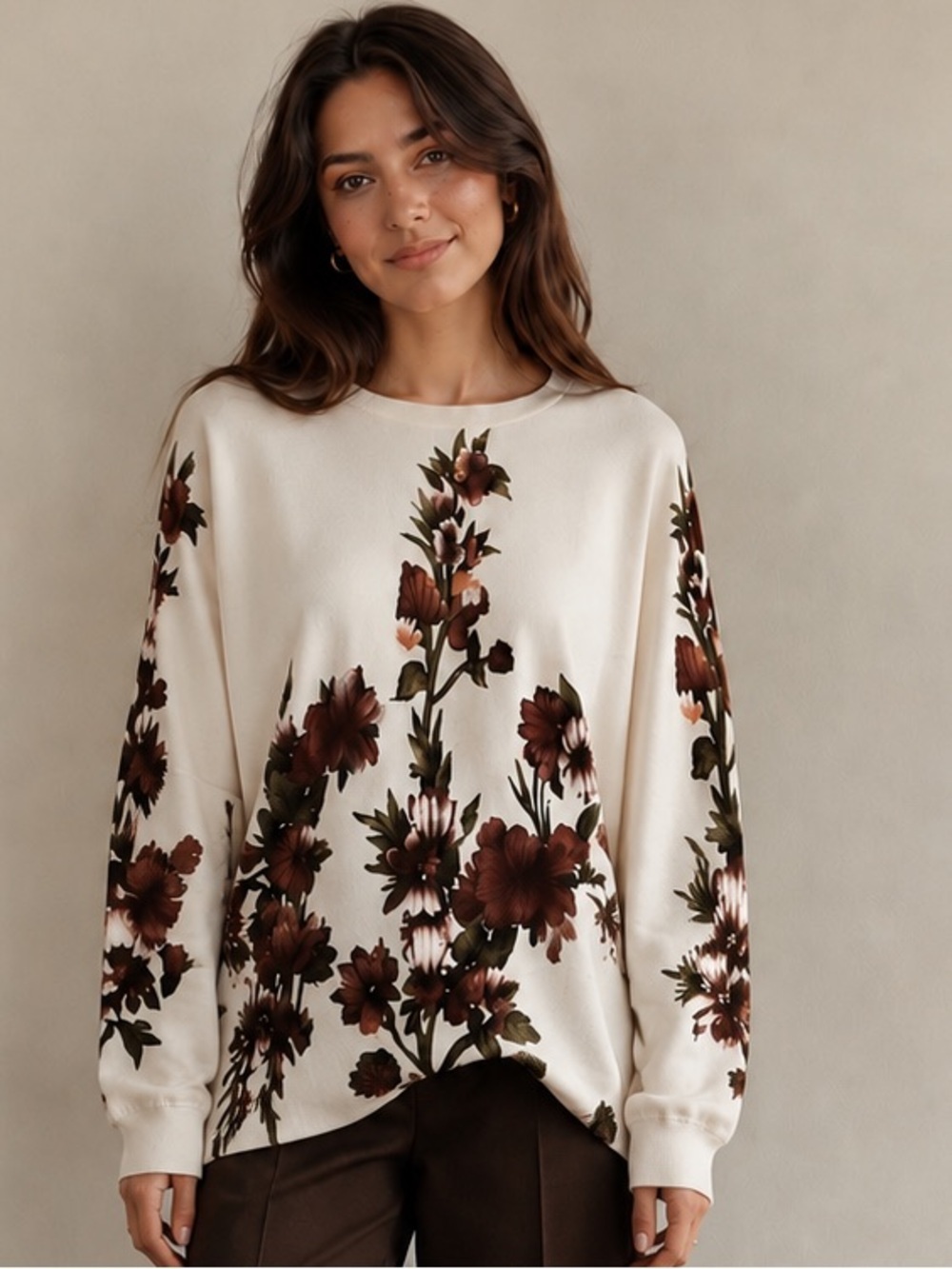 Aleeza Paris Oversized Cream Floral Pullover Sweater with Brown Blooms